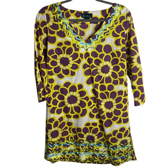 Boden Size 12 Ibiza Kaftan Floral Tunic Dress Ric Rac Trim Purple Yellow Retro - Picture 1 of 7